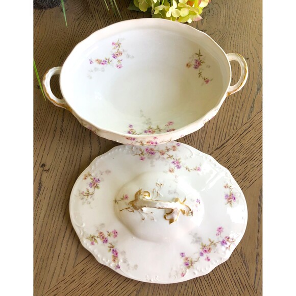 Antique Theodore Haviland Limoges Floral Oval Lidded Vegetable Server Gold Trim - Picture 3 of 8